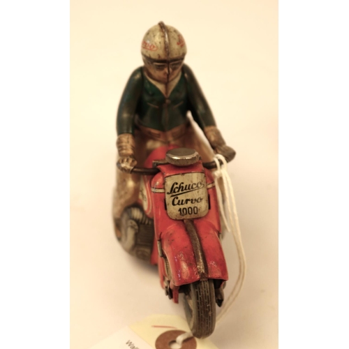 632 - Tinplate Schuco clockwork powered Motorcycle. Length 13cm, Schuco Curvo 1000. In red with civilian r... 