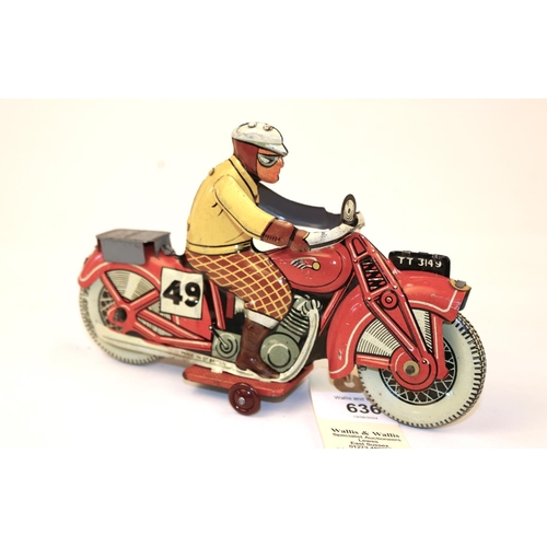 636 - A rare Mettoy tinplate clockwork racing motorcycle TT3149. Bike in red, RN49, Litho detail, rider wi... 