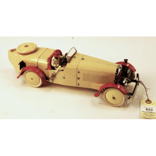 653 - A rare 1930's No.2 Meccano Constructor Car. A boat tail example in cream with red mudguards, red sea... 