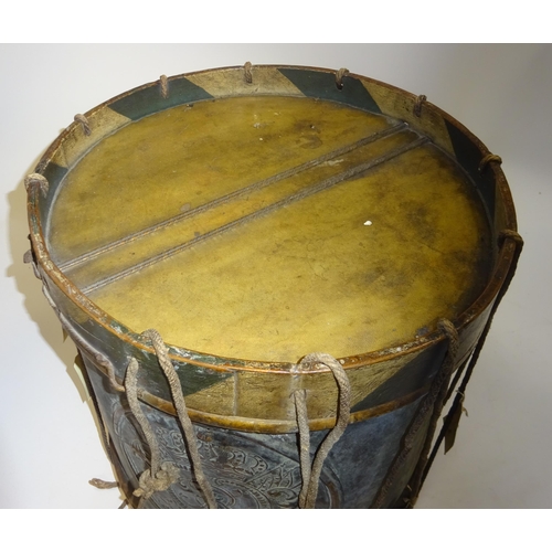 145 - A very scarce fine mid 19th century Prussian side drum, brass shell with applied embossed brass plaq... 