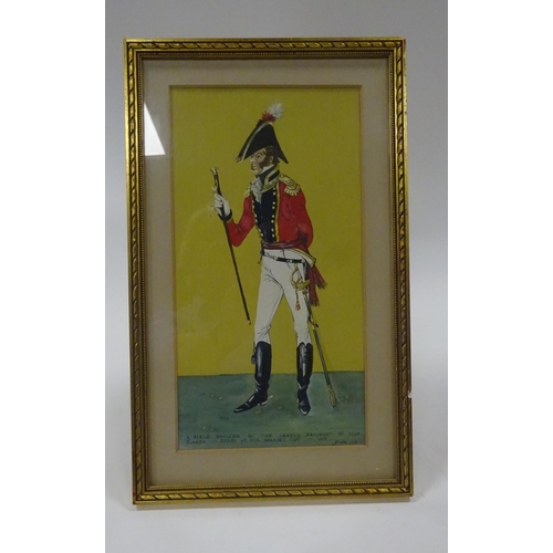 16 - A set of 3 watercolours by Mollo, all depicting Waterloo period Foot Guards, 2 officers and a drumme... 