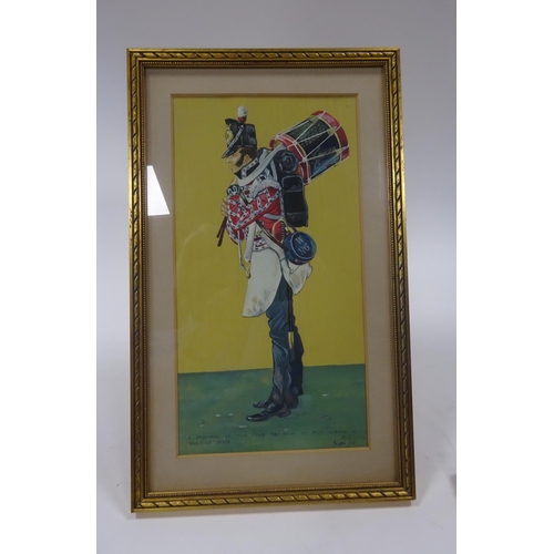 16 - A set of 3 watercolours by Mollo, all depicting Waterloo period Foot Guards, 2 officers and a drumme... 