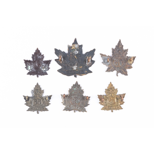 273 - Six WWI CEF Infantry cap badges: 38th Bn; 52nd Bn; 56th Bn; 60th Bn (no lugs); 74th Bn (lugs replace... 