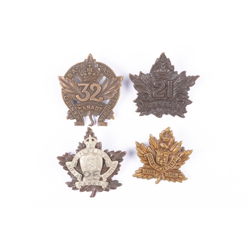 275 - Four WWI CEF Infantry cap badges: 21st Bn by Tiptaft; 25th Bn with white metal overlay; 27th Bn; and... 