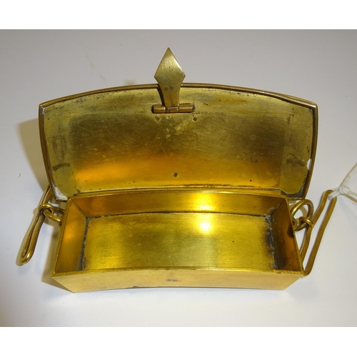 32 - A gilt brass Vesta box, in the form of a miniature Victorian cavalry officer's pouch, the flap with ... 