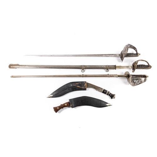 396 - Three well aged reproduction Infantry officers swords: Indian army 1822 pattern in its steel scabbar... 