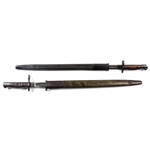 421 - A 1907 pattern S.M.L.E. bayonet, issue date April 1915, in its scabbard; a P14 bayonet, dated August... 