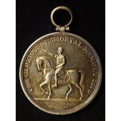 51 - Orange Society, silver medal/ticket, obverse equestrian portrait of William III left, legend 