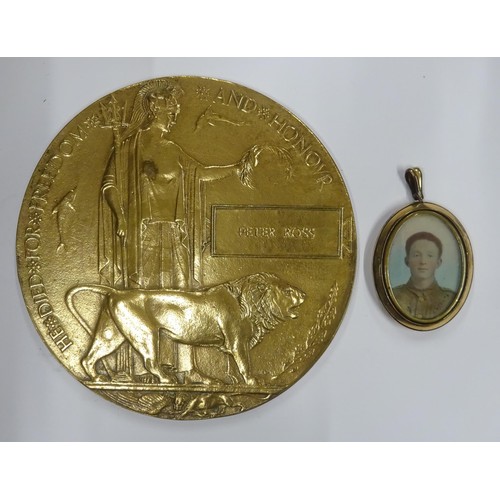 64 - First World War memorial plaque, named to Peter Ross, GC (cleaned), with a small pendant bearing 2 p... 