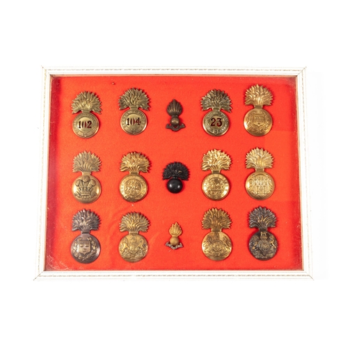 149 - A framed display of badges of the Queen's (Ryl West Surrey Regt), including ERII bandsman's helmet p... 