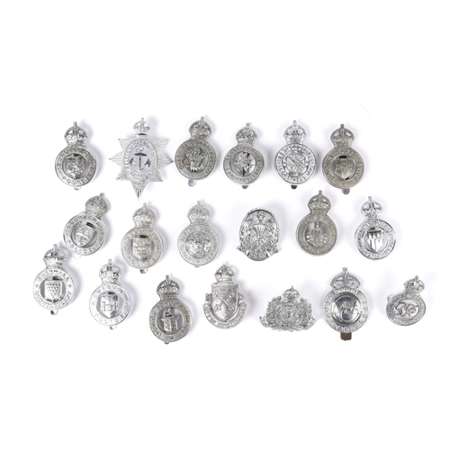 147 - 15 different chrome plated obsolete pre 1953 crown over circle Police cap badges, a star pattern Bel... 