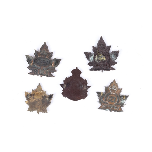 179 - 5 WWI CEF Infantry cap badges: 112th Bn (cast bronze with cut off blades), 118th Bn (lugs replaced) ... 