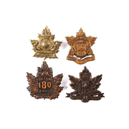 181 - 4 WWI CEF Infantry cap badges: 173rd Bn by Lees, 180th Bn, 186th Bn, and 194th Bn (lugs replaced). B... 