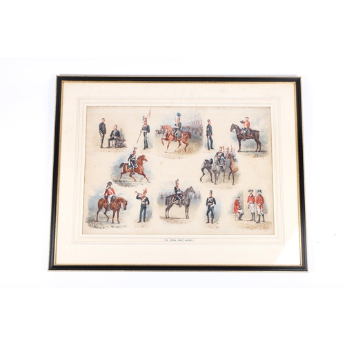 23 - A large watercolour painting by Wymer, depicting the evolution of the uniform of the 5th (Royal Iris... 