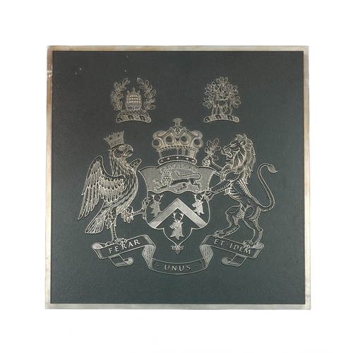 35 - A large metal plaque embossed with the post 1805 coat of arms of Admiral Lord Collingwood, 16