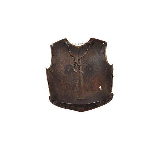 417 - A 19th century Guardsman's breastplate, with brass edges, domed brass rivets, and ordnance inspector... 