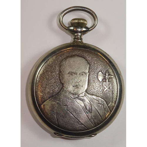 46 - A pocket watch c 1925, with silvered dial, the back bearing head and shoulders portrait of Mussolini... 