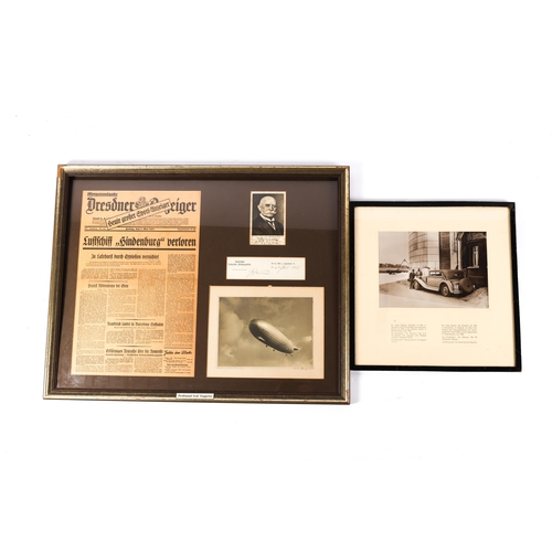 82 - A framed display of airship memorabilia, comprising the front page of a Geman newspaper dated 7th Ma... 