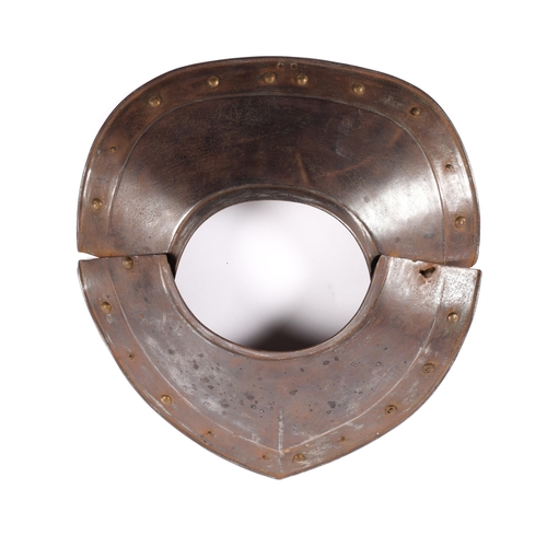 420 - A 2 piece gorget from a 19th century armour, with domed brass rivets. GC, several rivet heads missin... 