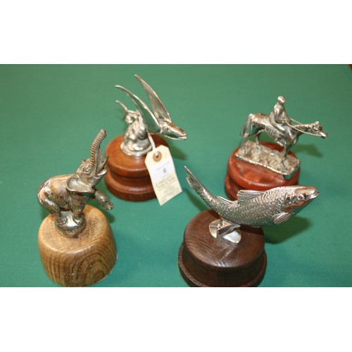 6 - 4 vintage car mascots, bonnet ornaments. Includes a DESMO racehorse with jockey, an Elephant standin... 