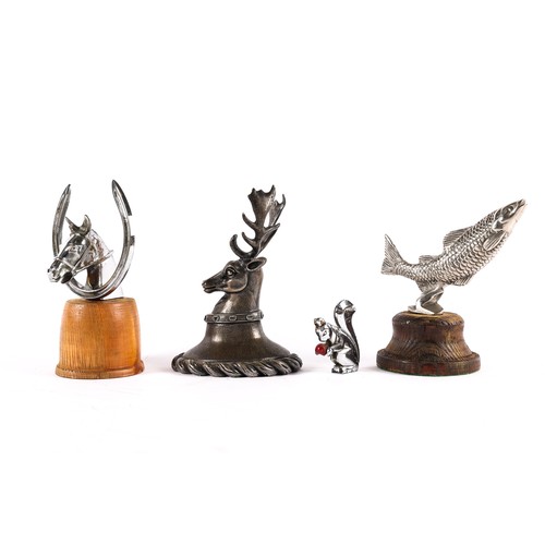 8 - 4 vintage car mascots. An impressive stags head with antlers. Plated leaping salmon. Plated horses h... 