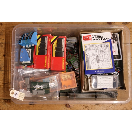 109 - A quantity of N gauge railway, locomotives and accessories for a layout. Diesel and electric locomot... 