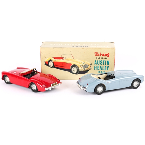 195 - A Tri-ang 1/20 scale Electric Austin Healey 100/6. Finished in mid blue plastic body, white interior... 