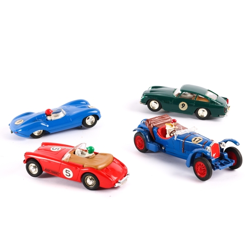 216 - 4 Scalextric cars. Aston Martin D.B.4 G.T. in green, Jaguar D Type in blue, Austin Healy in red, and... 