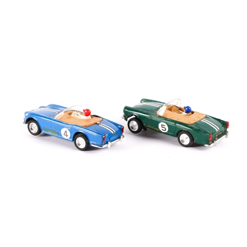 220 - 2 Scalextric cars. Sunbeam Tiger in green with racing No.5 and a Triumph Tr4/A in blue with racing N... 