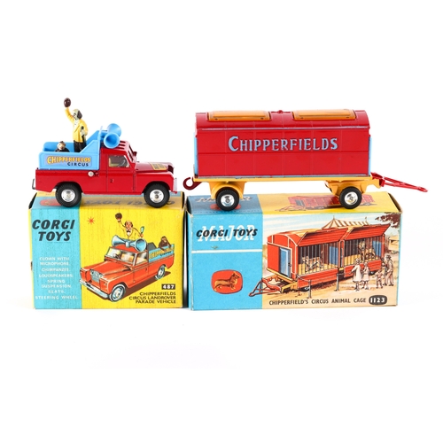 311 - 2 Corgi Toys. Chipperfield's Circus Land Rover Parade Vehicle (487). In red and light blue livery, c... 