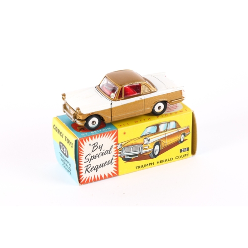 315 - Corgi Toys Triumph Herald Coupe (231). In metallic gold and white with red interior, smooth spun whe... 