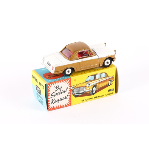 315 - Corgi Toys Triumph Herald Coupe (231). In metallic gold and white with red interior, smooth spun whe... 