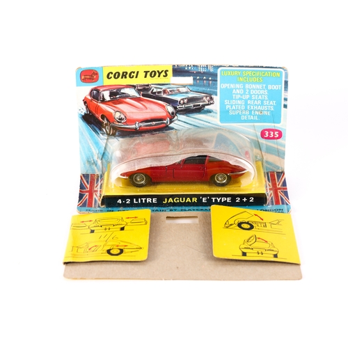 336 - Corgi Toys 4.2 Litre Jaguar 'E' Type (335). An example in red with black interior. In original bubbl... 