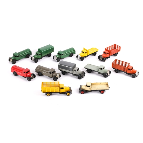 356 - 12 Dinky Toys 25 Series Wagons. Type 2,3 and 4 variations. 4x Petrol Tank Wagons 25d in red, dark gr... 