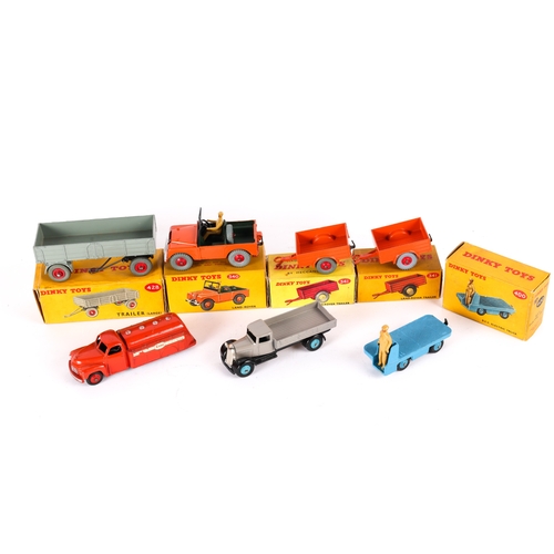 362 - 7 Dinky Toys. Land Rover (340) in orange with dark green interior, with driver. 2x Land Rover Traile... 