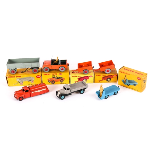 362 - 7 Dinky Toys. Land Rover (340) in orange with dark green interior, with driver. 2x Land Rover Traile... 