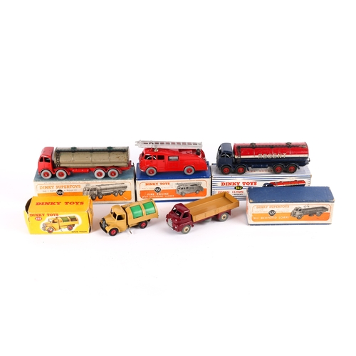 367 - 5 Dinky Toys. A Big Bedford Lorry (522) in maroon and tan with beige wheels. A Commer Fire Engine (5... 