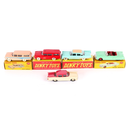 369 - 5 Dinky Toys. Desoto Fireflite Sedan (192) in turquoise with tan roof and flash. Nash Rambler (173).... 