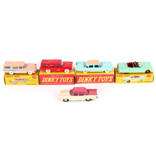 369 - 5 Dinky Toys. Desoto Fireflite Sedan (192) in turquoise with tan roof and flash. Nash Rambler (173).... 