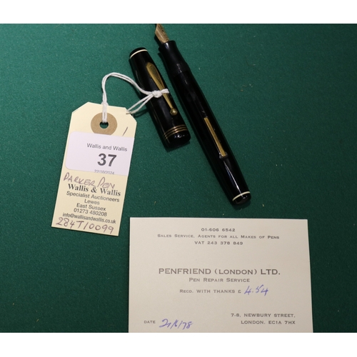 37 - A 1930s Parkette Deluxe Fountain pen, Made in Canada. 14k gold nib. Comes with a business card dated... 