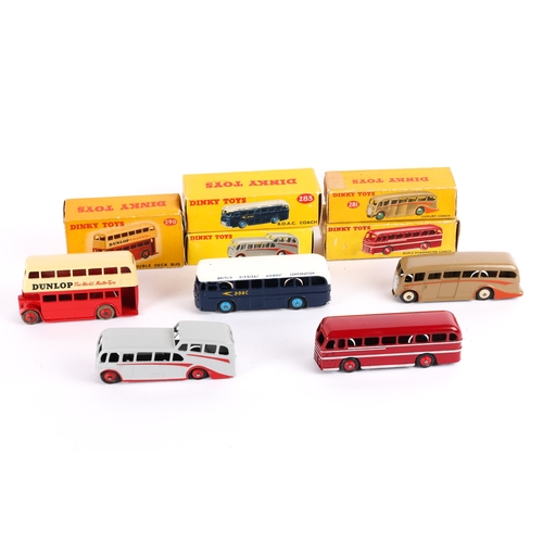 371 - 5 Dinky Toy Bus and Coaches. Leyland Double Deck Bus (290). In red and cream with DUNLOP adverts. BO... 