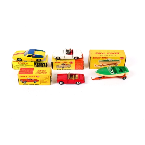 373 - 4 Dinky Toys. Lotus Europa (218), in yellow and blue, with black interior. MGB Sports car (113), in ... 