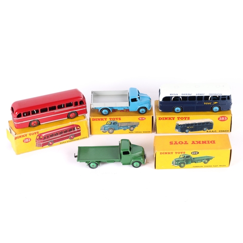 374 - 4 Dinky Toys. Dodge Rear Tipping Wagon (414). In blue and grey. Fordson Thames Flat Truck (422). In ... 