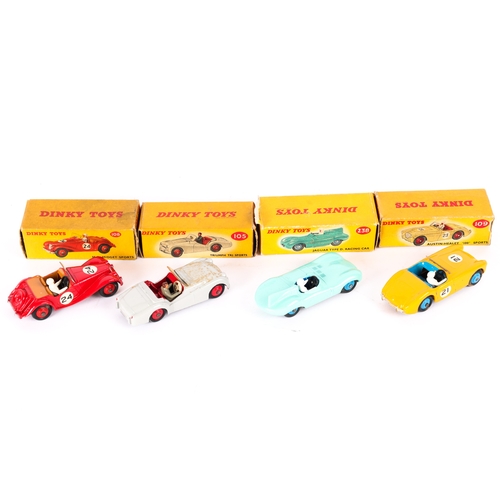 375 - 4 Dinky Toys. Jaguar D Type Racing Car (238). In turquoise. Austin-Healey 100 Sport (109). In yellow... 