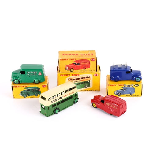 376 - 4 Dinky Toys. Leyland Double Deck Bus (290). In dark green and cream DUNLOP livery. A Loud Speaker V... 