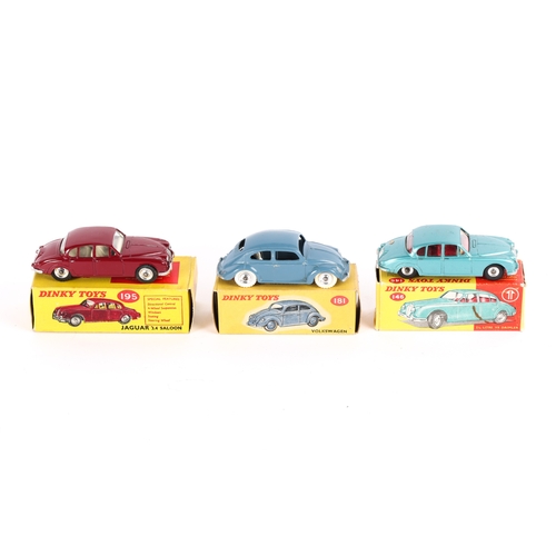 382 - 3 Dinky Toys. 2 1/2 Litre Daimler (146) in metallic green with maroon interior. Jaguar 3.4 Saloon (1... 