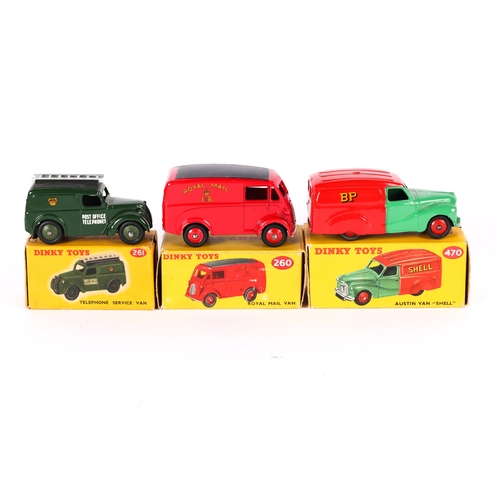 387 - 3 Dinky Toy Morris J Royal Mail Van (260) in red. Post Office Telephone Van (261) in dark green. Plu... 