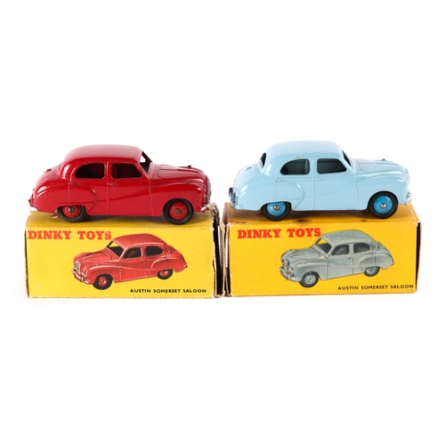 391 - 2 Dinky Toys Austin Somerset Saloons (161/40J). An example in light blue with mid blue wheels and a ... 