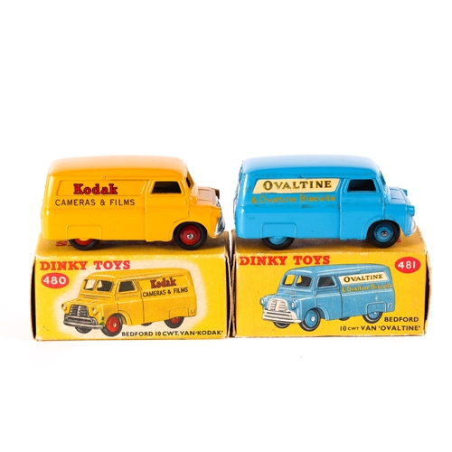 392 - 2 Dinky Toys Bedford 10CWT Vans.  KODAK (480) in orange with red wheels. Plus an OVALTINE example (4... 