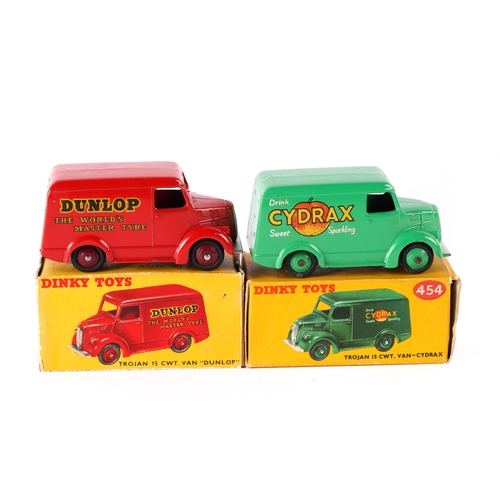 393 - 2 Dinky Toys Trojan 15CWT Vans. DUNLOP (451) in red with maroon wheels. Plus a CYDRAX example (454) ... 